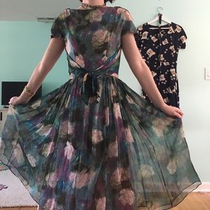 late 1940s-1950s silk chiffon floral party dress